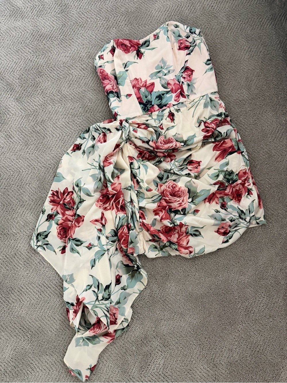 Strapless Cream Dress with Pink Rose Print